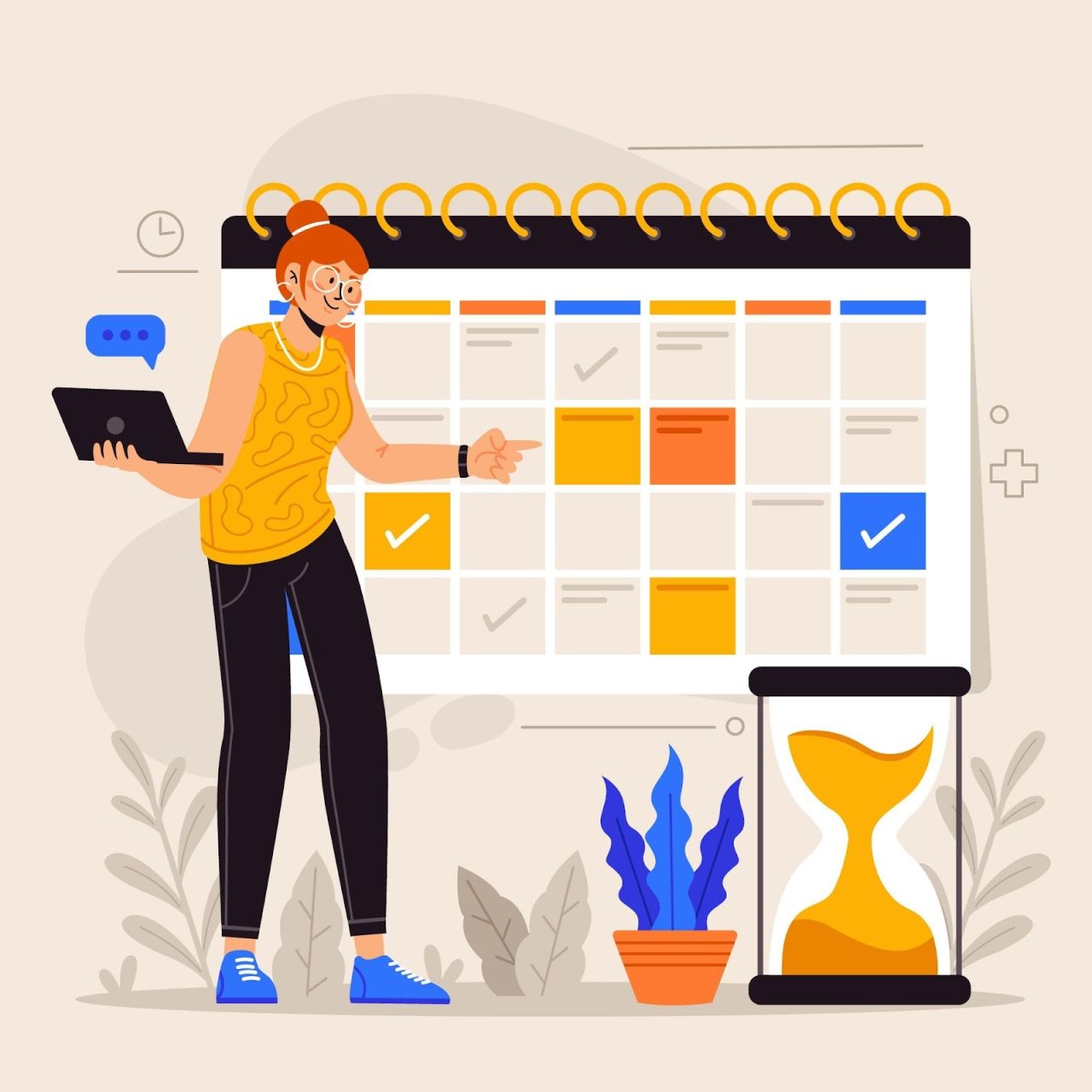 Illustration of a woman holding a laptop and gesturing toward a large wall calendar filled with colorful event blocks and checkmarks, with an hourglass and indoor plants nearby, representing time management, planning, and scheduling tasks.