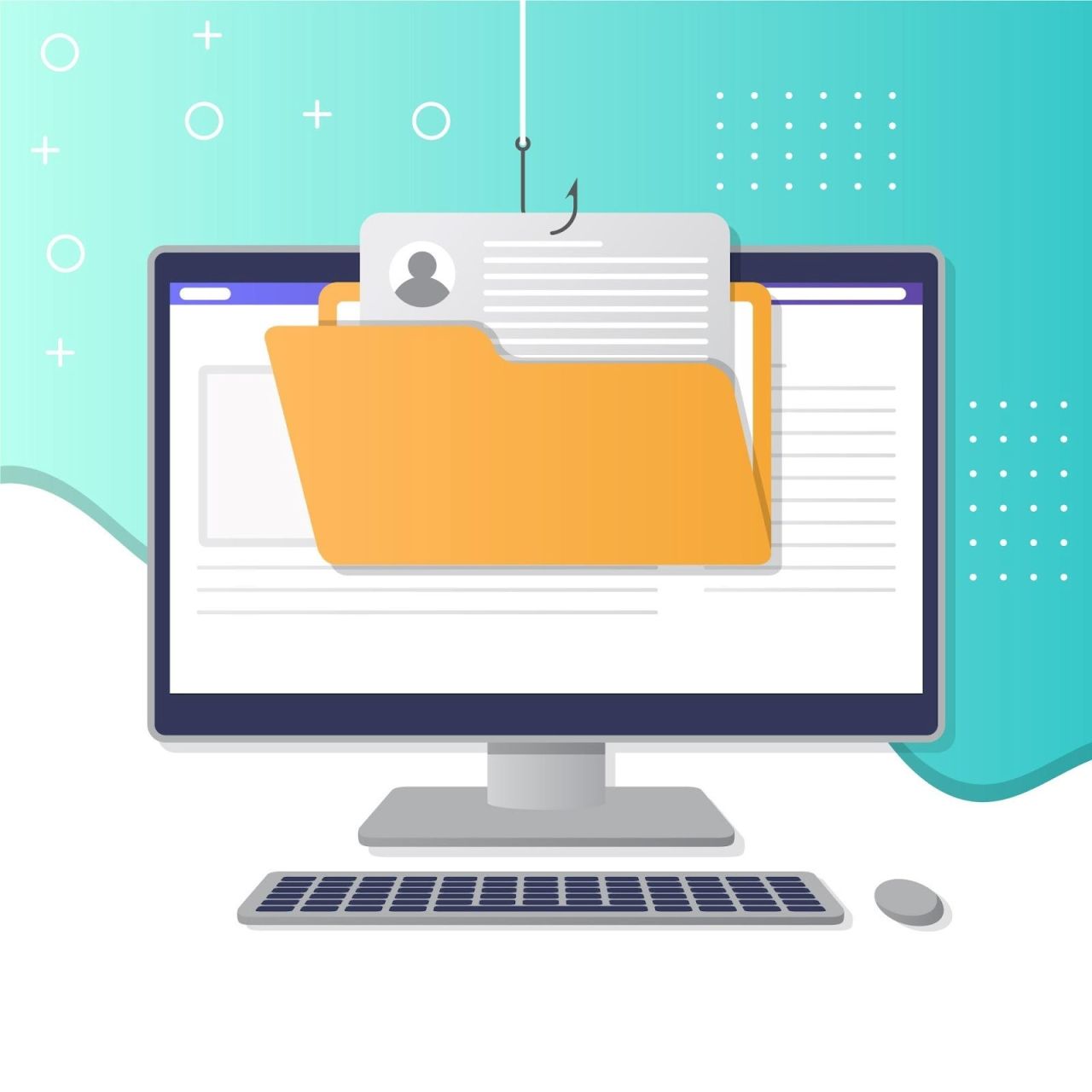  Illustration of a computer screen displaying a document folder being hooked and pulled out, suggesting the concept of data security, phishing, or file retrieval in a digital workspace.