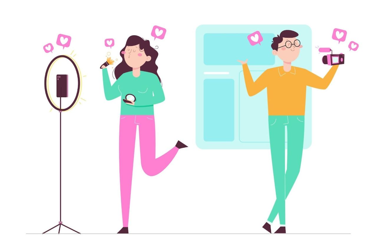Illustration of two micro-influencers creating social media content, one recording a makeup video with a ring light and another filming with a camera, symbolizing influencer marketing and online collaborations.