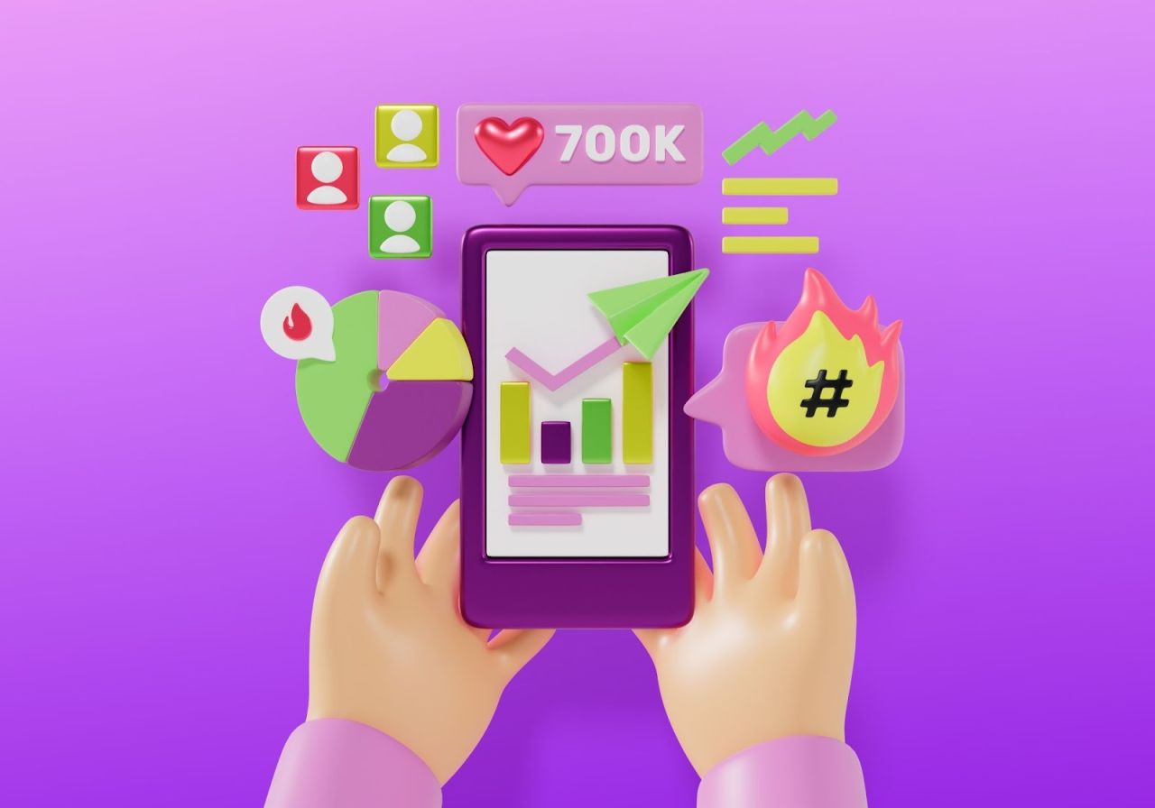 3D illustration of hands holding a smartphone with charts, follower icons, likes, and hashtags, representing social media analytics and influencer marketing ROI.