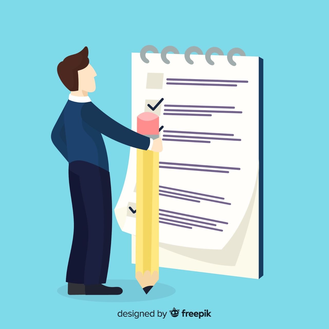 Illustration of a person holding a large pencil and checking items off a giant checklist on a spiral-bound notepad, representing task completion or productivity.