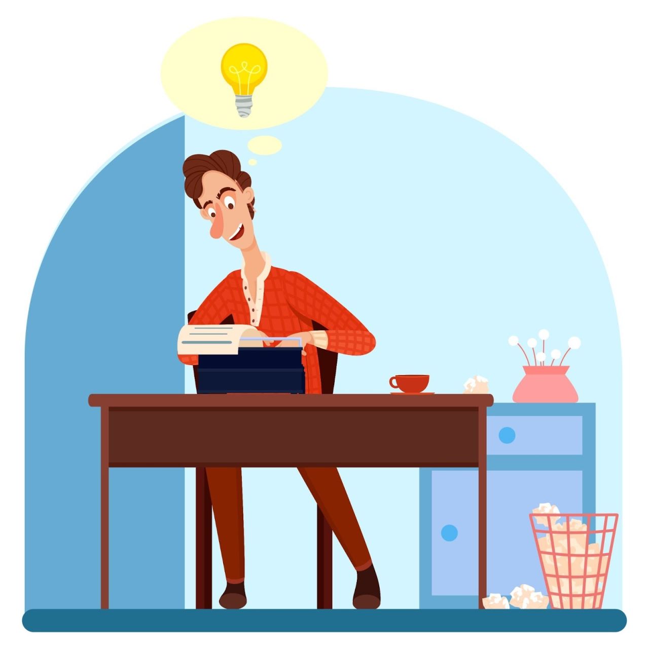 Illustration of a smiling writer sitting at a desk typing on a typewriter with a lightbulb above his head, surrounded by crumpled papers, a coffee cup, and a sewing kit, symbolizing inspiration and the creative writing process.
