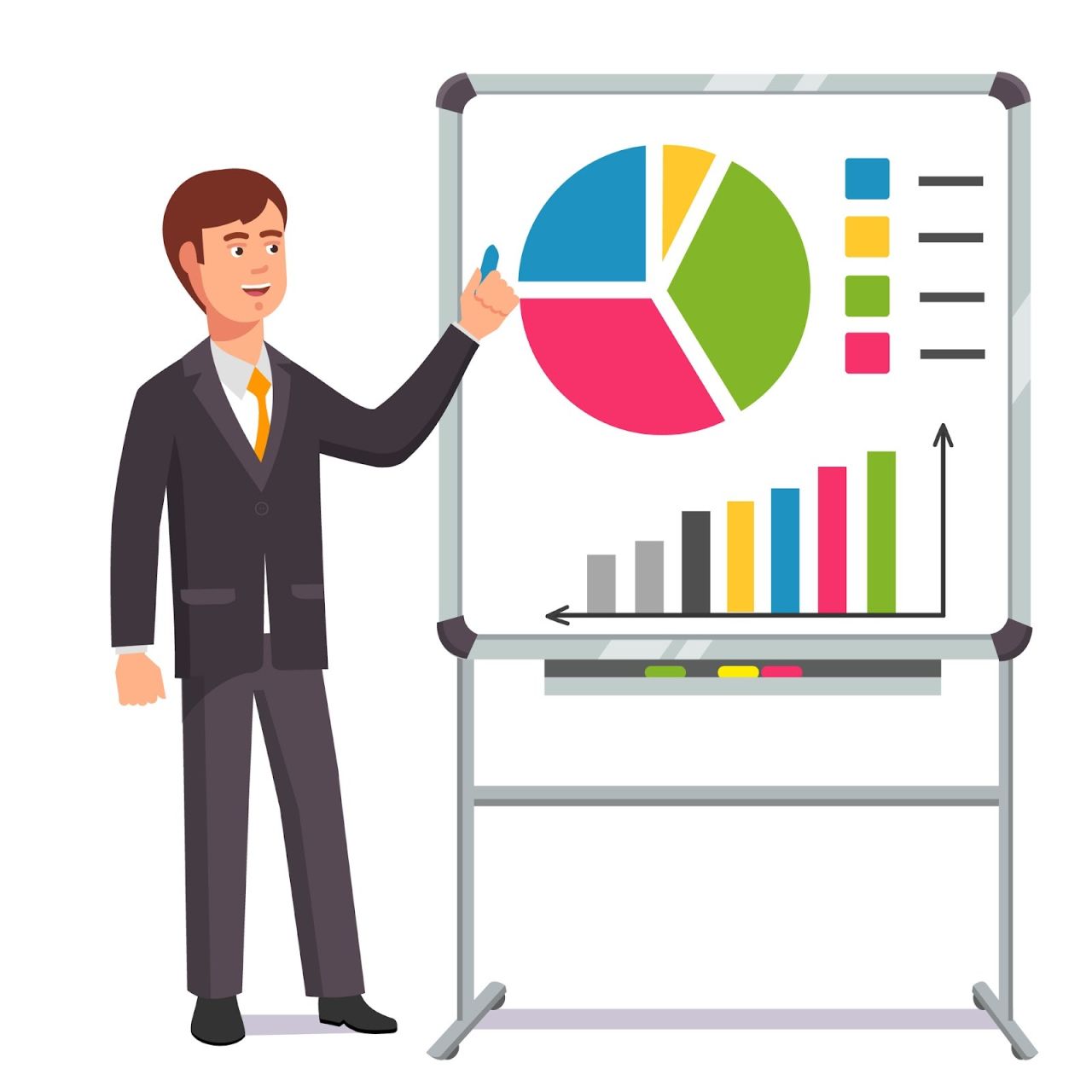  Illustration of a businessman giving a presentation, pointing at a whiteboard displaying a colorful pie chart and a rising bar graph, representing data analysis and business growth.