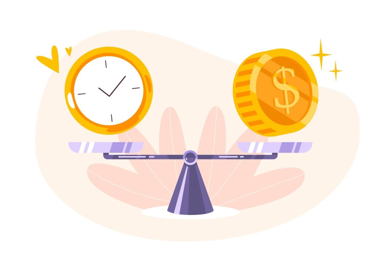 Illustration of a balance scale with a clock on one side and a gold coin with a dollar sign on the other, representing the concept of balancing time and money or time management versus cost.
