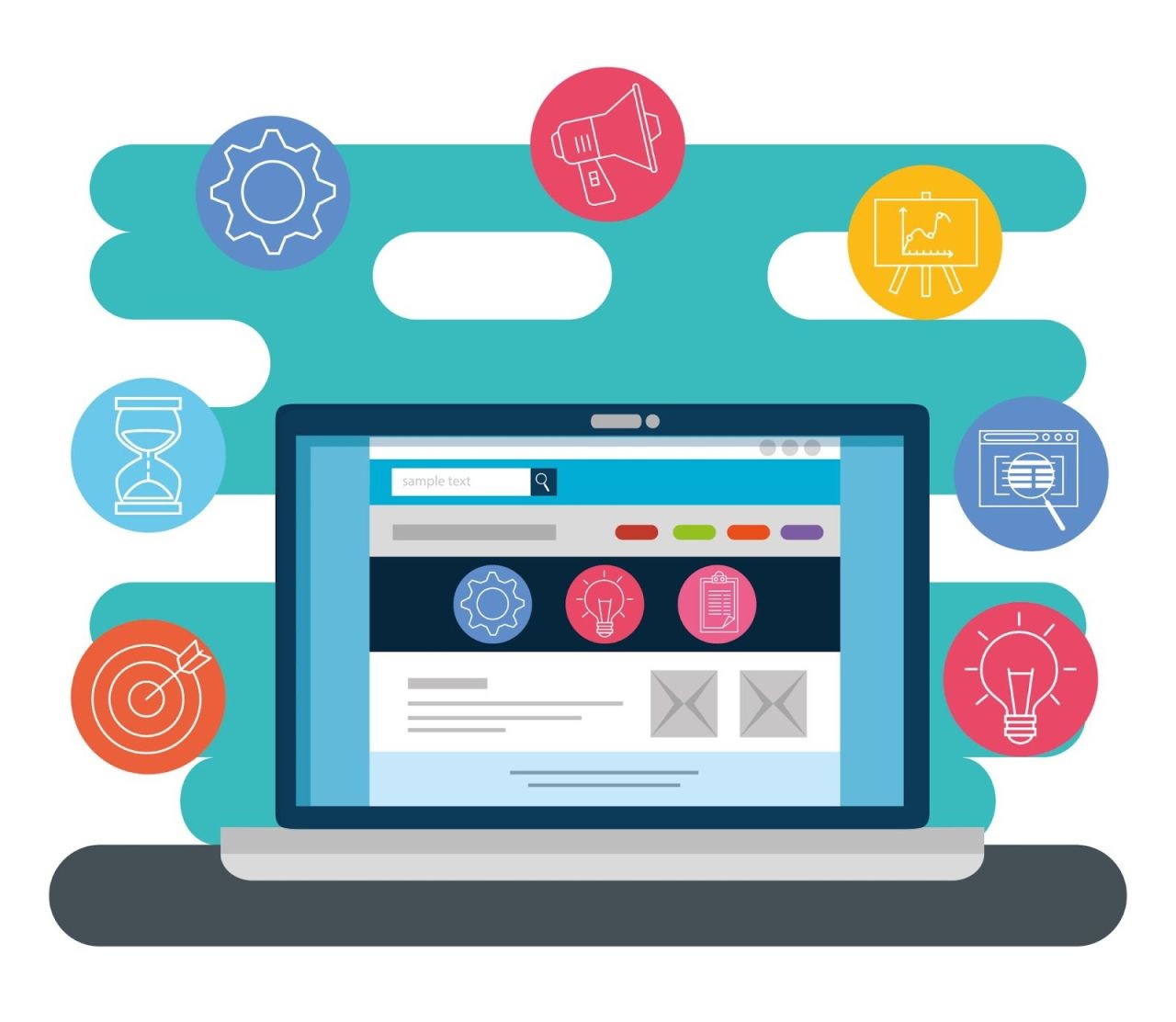 Illustration of a laptop with open web browser tabs, surrounded by colorful circular icons symbolizing business tools like a target, megaphone, clock, checklist, light bulb, and chart, representing digital marketing or productivity tools.​