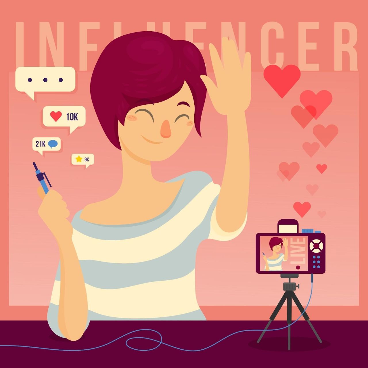 Illustration of a smiling woman waving at the camera, with social media icons displaying likes, comments, and stars, labeled 
