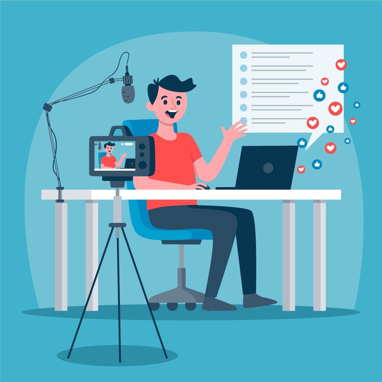 Illustration of a man sitting at a desk with a microphone and camera setup, live streaming content and interacting with viewers as indicated by floating comment and like bubbles, representing online content creation or a digital influencer.