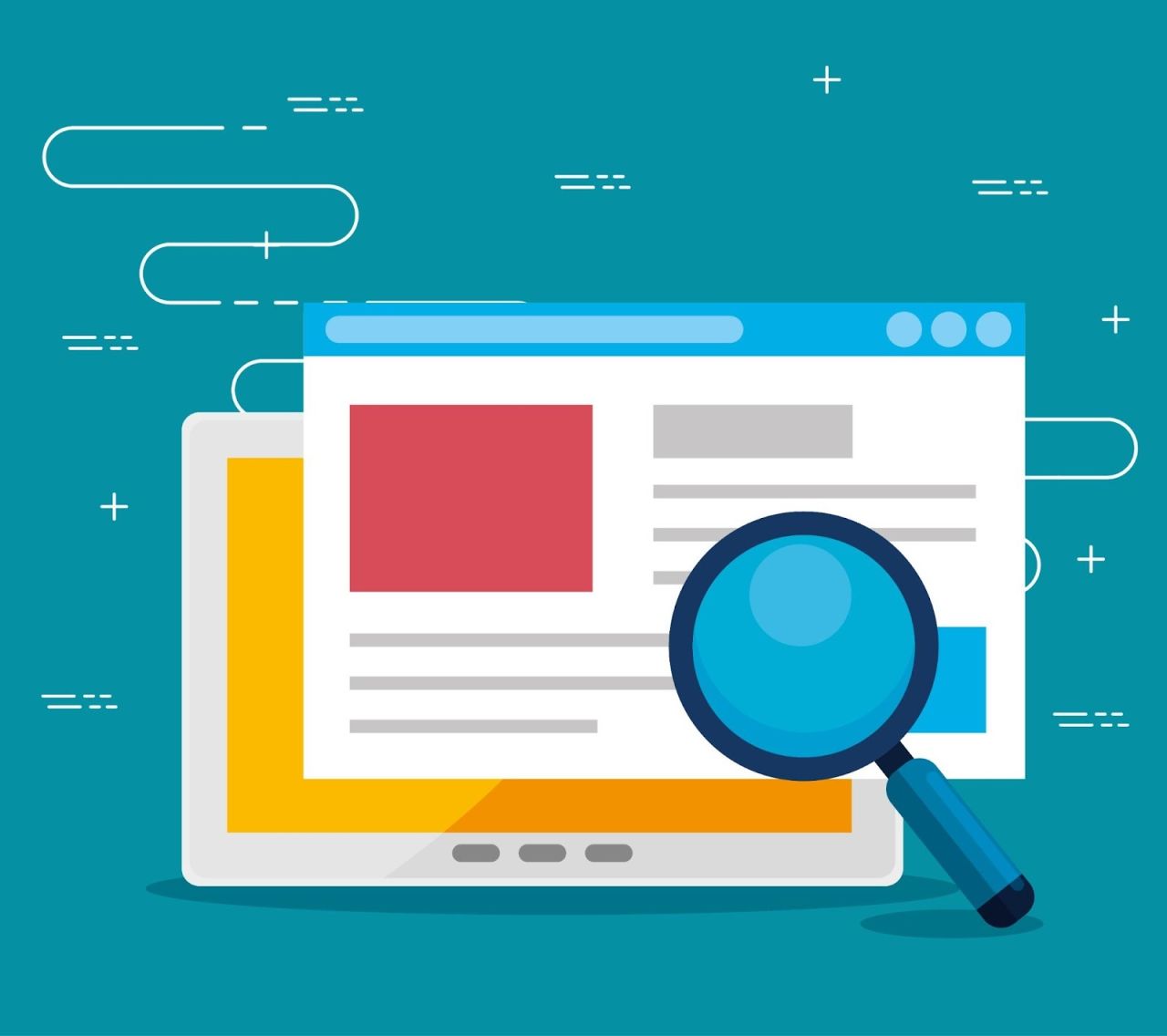 Illustration of a digital browser window layered over a laptop screen, with a large magnifying glass hovering above, symbolizing online search, analysis, or website review.