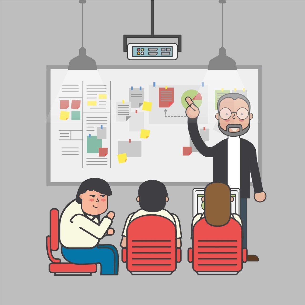 Illustration of a group of three seated people watching a business presentation, with a presenter pointing to a board filled with charts, post-it notes, and diagrams, illustrating teamwork, project planning, or education.