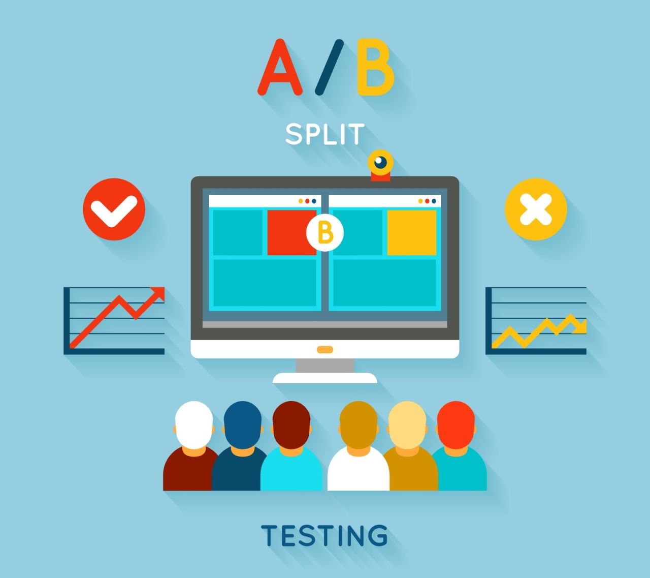 Flat illustration of A/B split testing on a computer screen with two page variants, charts showing performance, check and cross icons, and an audience of viewers, representing ad creative testing.