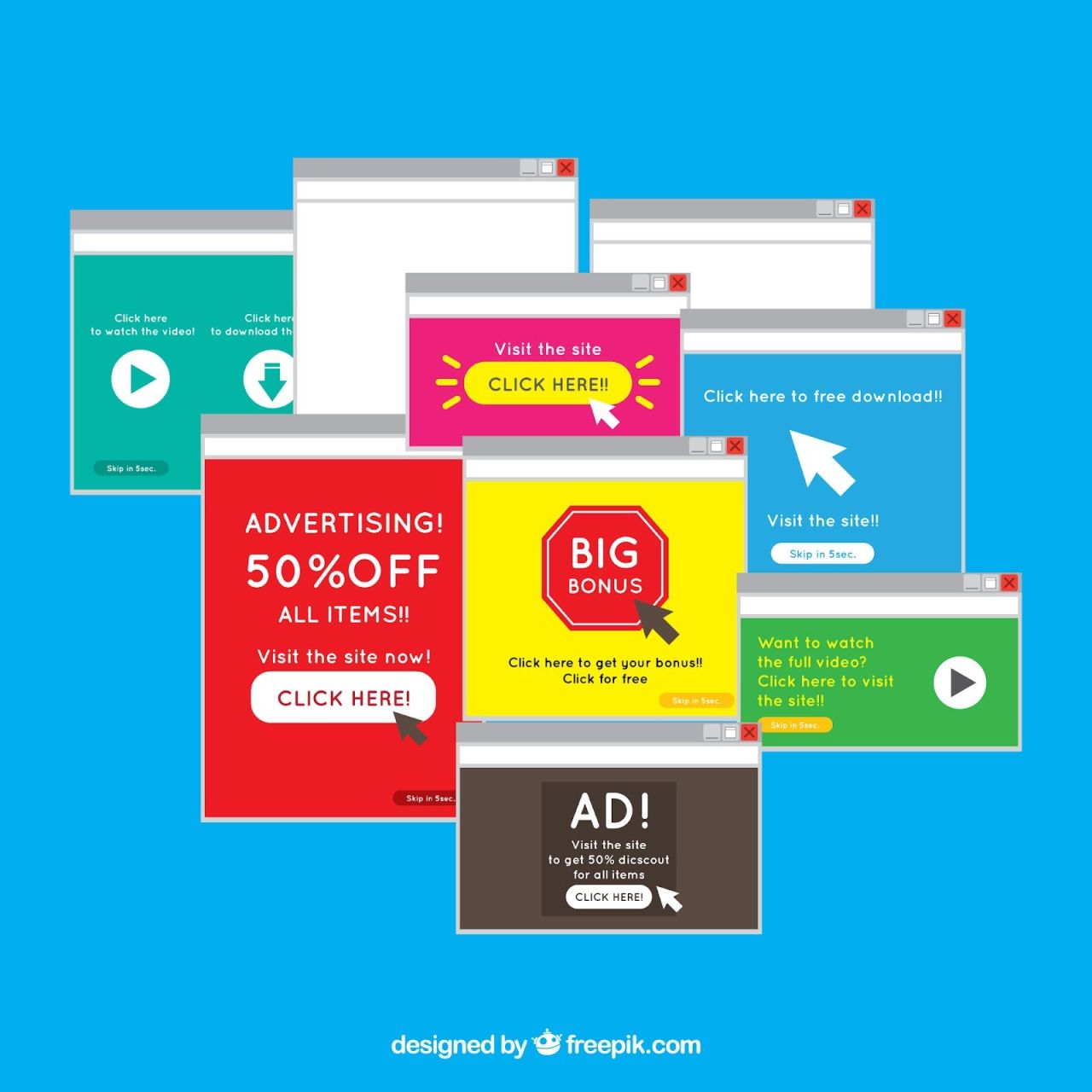  Collection of colourful online display ad pop‑ups with call‑to‑action buttons such as ‘Click here’ and ‘50% off all items’ on a blue background, illustrating digital advertising creatives.